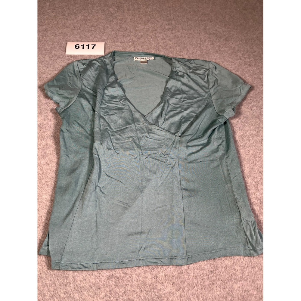 Pendleton Blouse Top Womens Medium Gray Silk Surplice Neck Short‎ Sleeve Casual